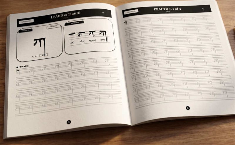 Tibetan Alphabet Handwriting & Tracing Book — sample page 1 inside the book